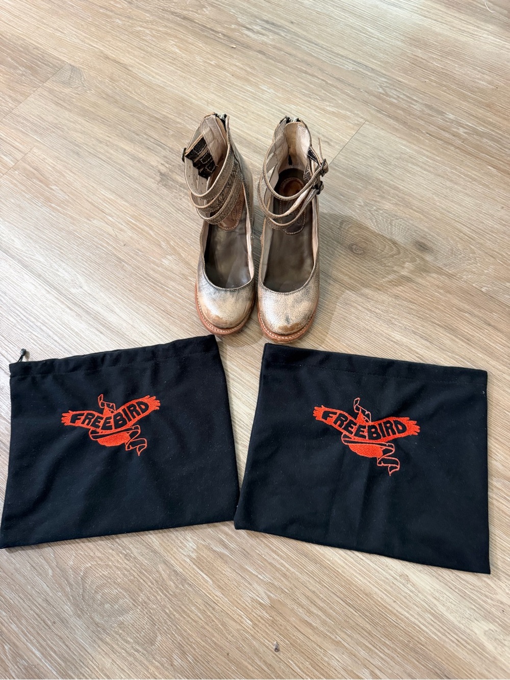 freebird Metallic Bronze Double-Strap Ankle Heels - Picture 7 of 7